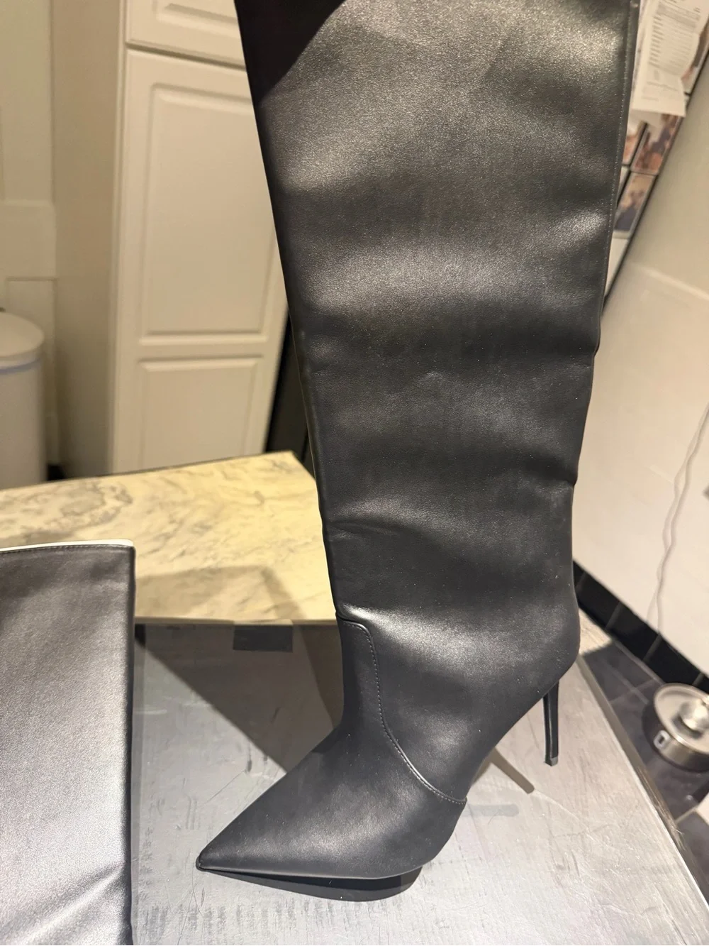 INC International Concepts Black Pointed-Toe Mid-Knee Heeled Boots